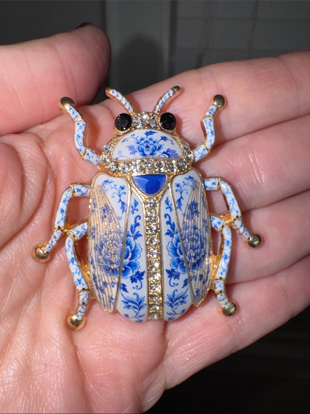 Beetle Brooch Gold Tone & Porcelain-Style Enamel